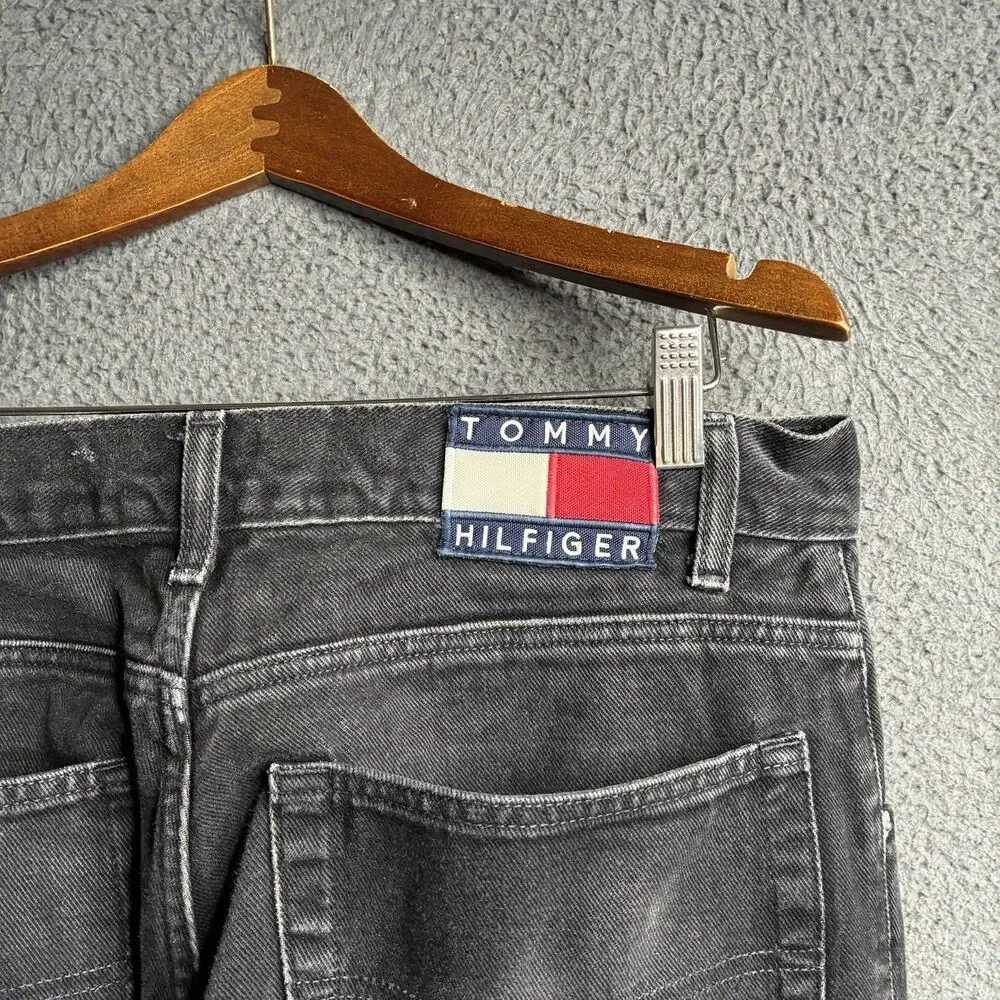 Vtg 90s Tommy Hilfiger Mens 34x29 Baggy Denim Jeans Black Whiskered Flag